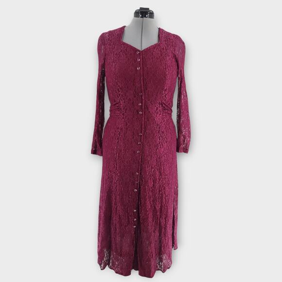 Betsy's Things Dress Women's 12p Midi Burgundy Lace Sheer Fairy Goth Whimsy VTG - Picture 1 of 8